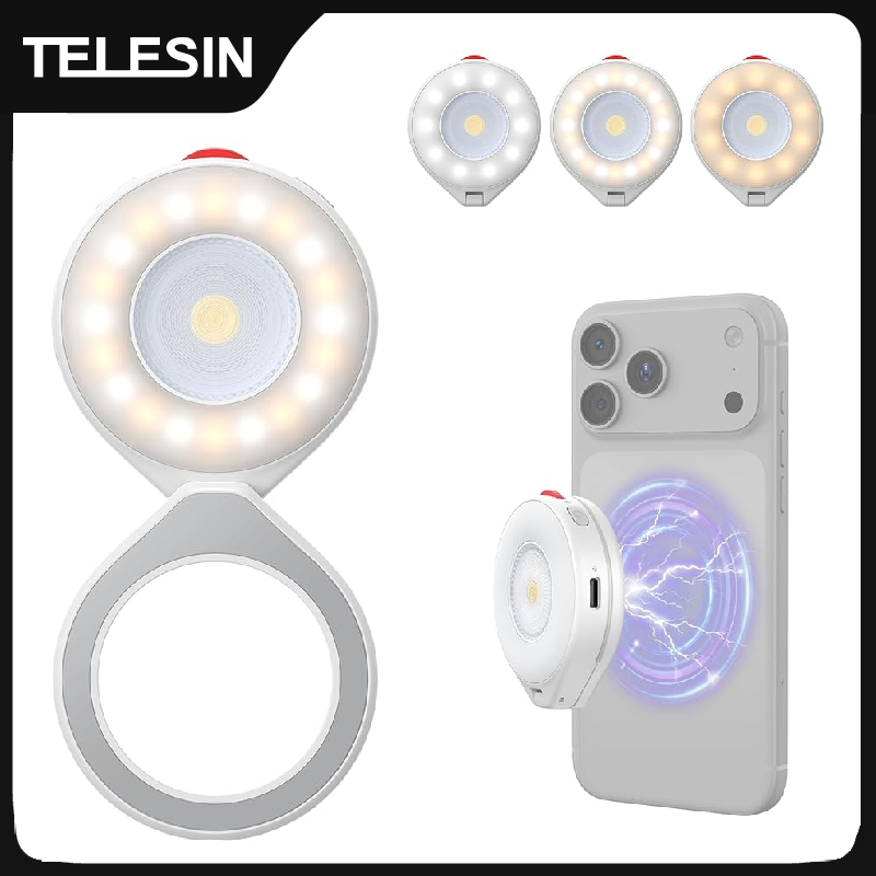 Photography Lighting Brands - TELESIN マグネット式フラッシュライト。スマートフォン用、ミニサイズの自撮りライト。明るさ調整可能。iPhone、XIAOMI、HUAWEI、SAMSUNGに対応。